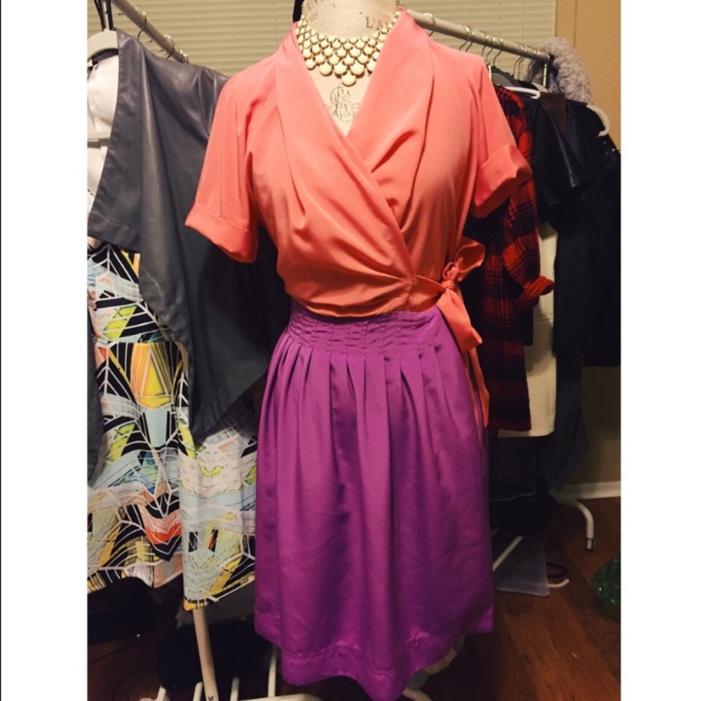 Perfectly Pin-Up Wrap Dress - Coral & Magenta, Size M